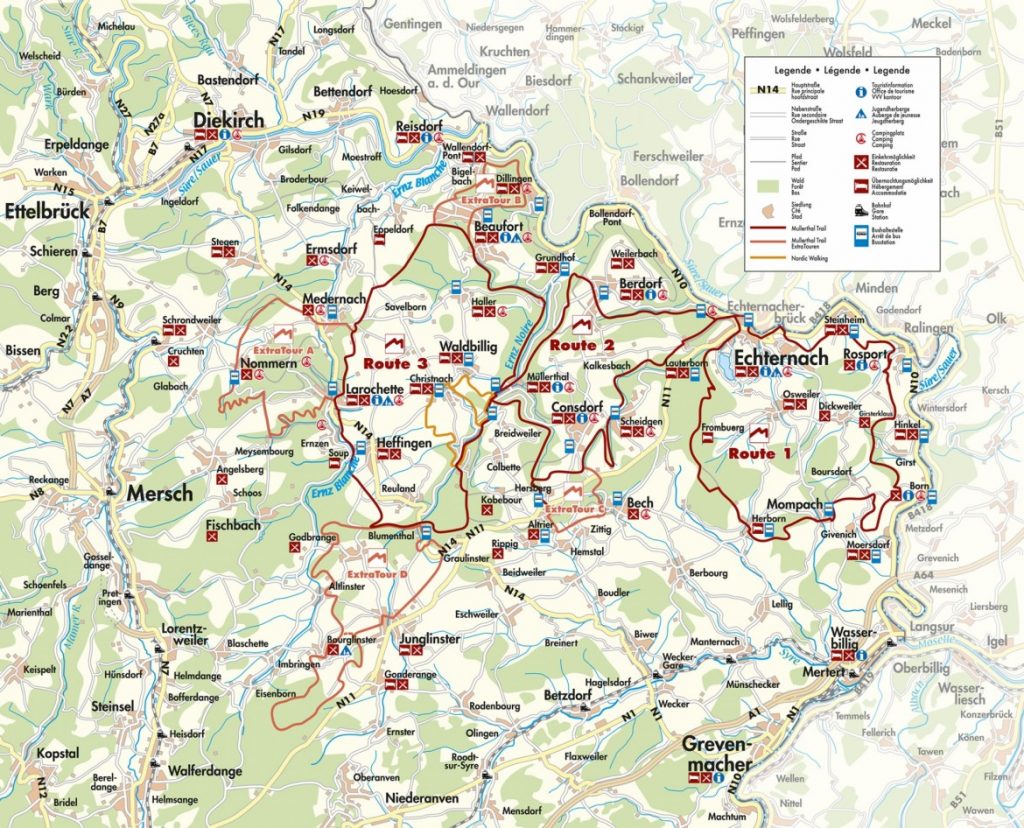 Check de kaart voor de verschillende routes door het Müllerthal Trail.