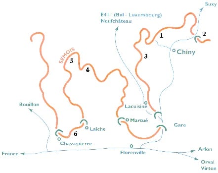 kaartje met de verschillende stops op de Semois